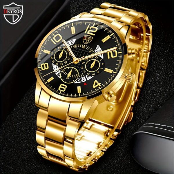 3pcs Set Luxury Business Golden Wristwatch, Stainless Steel Date Pointer Quartz Wrist Watch & Bracelet & Necklace