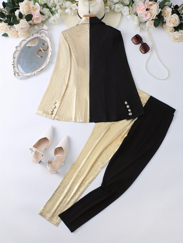 Elegant Color Block Two-piece Set, Double Breasted Long Sleeve Blazer & Pants Outfits, Women's Clothing