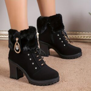 Women's Fashionable Black Lace-Up Winter Boots with Fluffy Fur Trim
