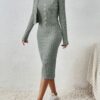 Elegant Solid Two-piece Dress Set, Long Sleeve Open Front Crop Coat & Split Thigh Sleeveless Cami Dress Outfits, Women's Clothing