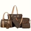 6 Pcs Allover Printed Boston Handbag & Purse Set, PU Leather Zipper Shoulder Bag, Multi-functional Leisure Commuter Bag