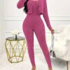 Solid Color Ribbed Two-piece Set, Long Sleeve Button Front Crop Cardigan & Skinny Strapless Jumpsuit Outfits, Women's Clothing