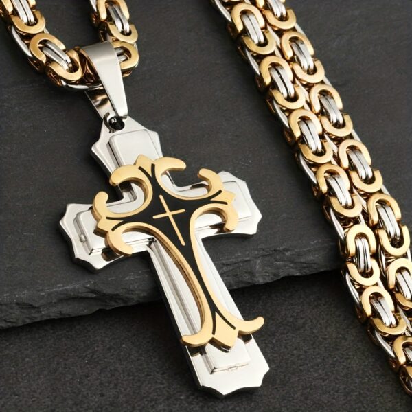 1pc Men's Vintage Flat Handmade Necklace, Golden Black Stainless Steel Cross Pendant Necklace, father's day gift Jewelry