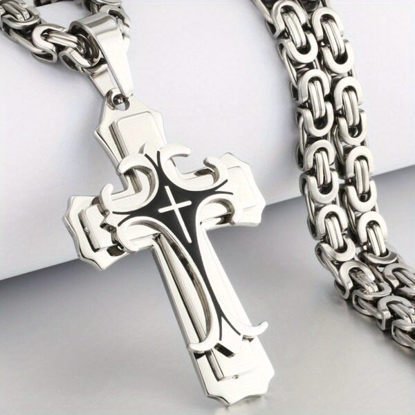 1pc Men's Vintage Flat Handmade Necklace, Golden Black Stainless Steel Cross Pendant Necklace, father's day gift Jewelry