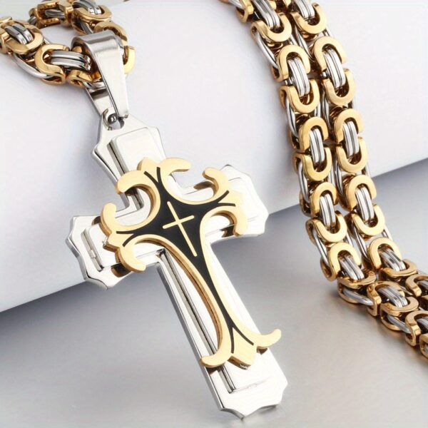 1pc Men's Vintage Flat Handmade Necklace, Golden Black Stainless Steel Cross Pendant Necklace, father's day gift Jewelry