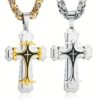 1pc Men's Vintage Flat Handmade Necklace, Golden Black Stainless Steel Cross Pendant Necklace, father's day gift Jewelry