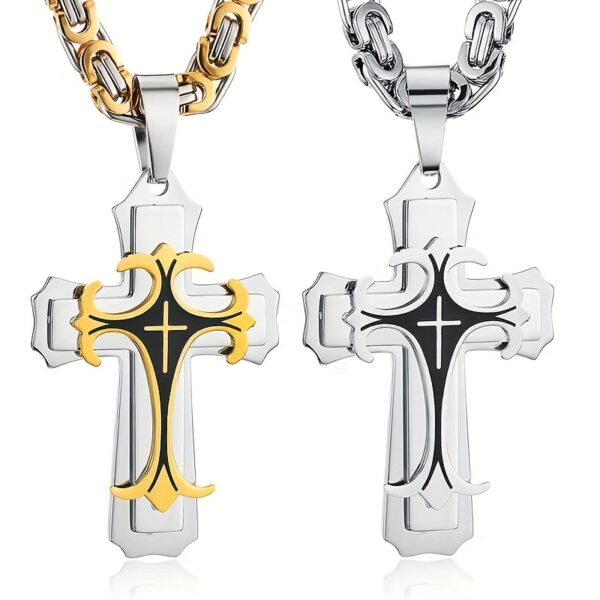 1pc Men's Vintage Flat Handmade Necklace, Golden Black Stainless Steel Cross Pendant Necklace, father's day gift Jewelry
