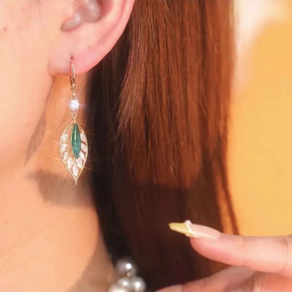 1pair Sparkling Zirconia Green Leaf Hoop Earrings, Elegant Party Jewelry Birthday Gift For Teen Girls