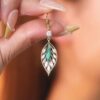 1pair Sparkling Zirconia Green Leaf Hoop Earrings, Elegant Party Jewelry Birthday Gift For Teen Girls