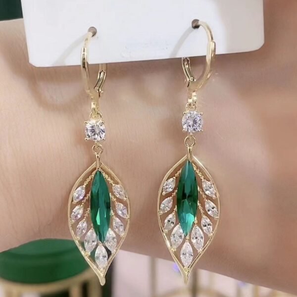 1pair Sparkling Zirconia Green Leaf Hoop Earrings, Elegant Party Jewelry Birthday Gift For Teen Girls