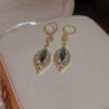 1pair Sparkling Zirconia Green Leaf Hoop Earrings, Elegant Party Jewelry Birthday Gift For Teen Girls
