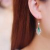 1pair Sparkling Zirconia Green Leaf Hoop Earrings, Elegant Party Jewelry Birthday Gift For Teen Girls