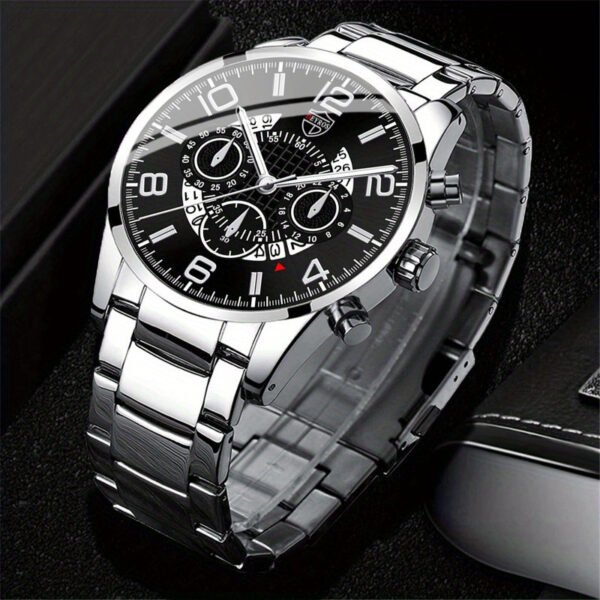 3pcs Set Luxury Business Golden Wristwatch, Stainless Steel Date Pointer Quartz Wrist Watch & Bracelet & Necklace