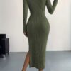 Ribbed Knit Long Sleeve Dress, Casual Crew Neck Split Hem Slim Dress, Women's Clothing
