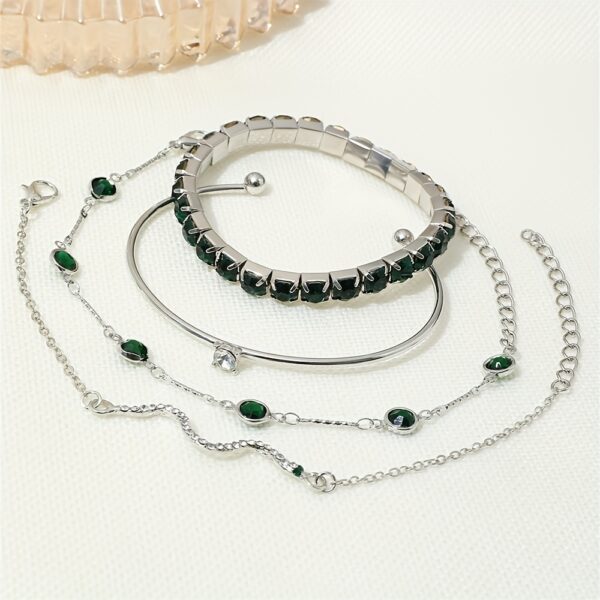4pcs/Set Elegant Green Imitation Gemstone Rhinestone Claw Chain Snake Bracelet Open Bangle For Women