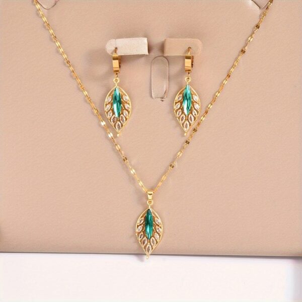 3pcs Gold-plated Grandmother Green Inlaid Rhinestone Leaf Earrings Necklace