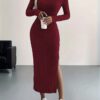 Ribbed Knit Long Sleeve Dress, Casual Crew Neck Split Hem Slim Dress, Women's Clothing