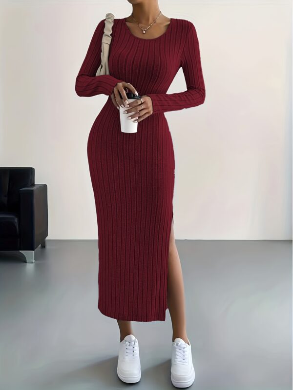 Ribbed Knit Long Sleeve Dress, Casual Crew Neck Split Hem Slim Dress, Women's Clothing