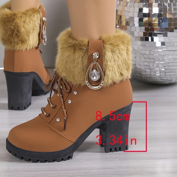 Women's Fashionable Black Lace-Up Winter Boots with Fluffy Fur Trim