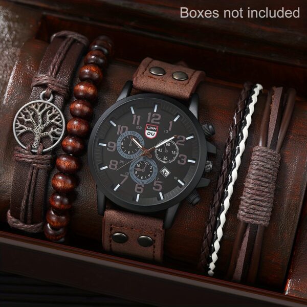 4pcs Watch And Bracelet Set, Men's Casual Quartz Wrist Watch Men's PU Strap Watch And 3pcs Bangle Set, Ideal choice for Gifts