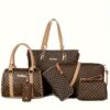 6 Pcs Allover Printed Boston Handbag & Purse Set, PU Leather Zipper Shoulder Bag, Multi-functional Leisure Commuter Bag