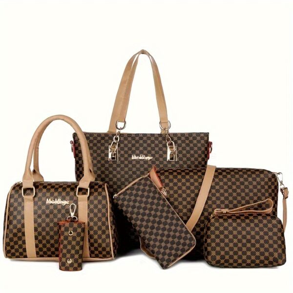 6 Pcs Allover Printed Boston Handbag & Purse Set, PU Leather Zipper Shoulder Bag, Multi-functional Leisure Commuter Bag