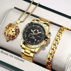 3pcs/set, Men's Stainless Steel Casual Trend Disc Calendar Quartz Watch And Lion Head Necklace Bracelet Set