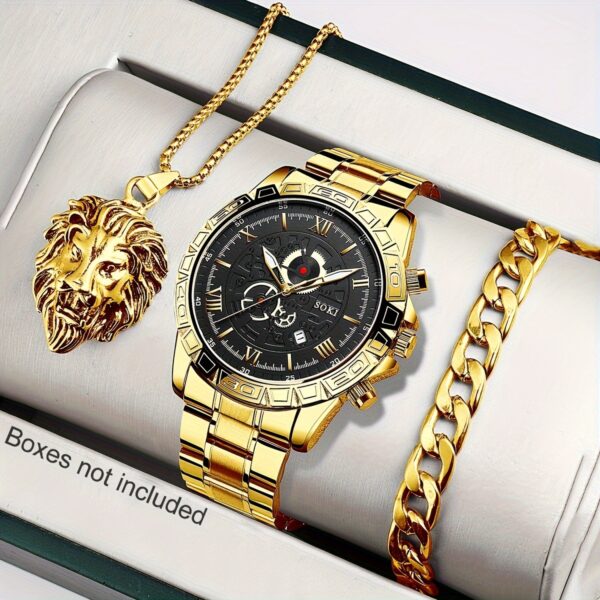 3pcs/set, Men's Stainless Steel Casual Trend Disc Calendar Quartz Watch And Lion Head Necklace Bracelet Set