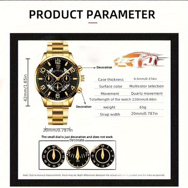 3pcs Set Luxury Business Golden Wristwatch, Stainless Steel Date Pointer Quartz Wrist Watch & Bracelet & Necklace