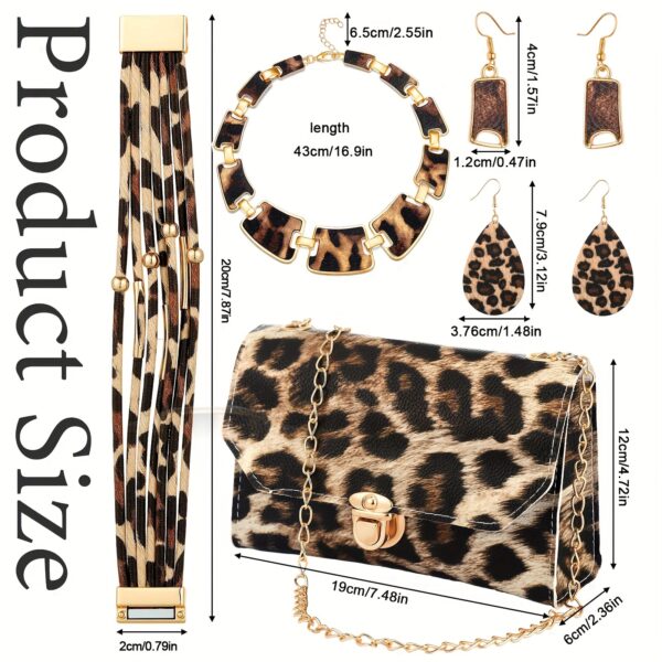 5-Piece Leopard Print Jewelry Set for Women - Plastic Fashion Statement Earrings, Bracelets, Necklace with Tassel Pendant, Clutch Purse - Street Style, Daily & Vacation Wear, All Seasons Accessory Kit