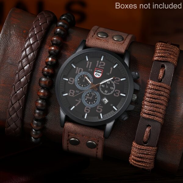 4pcs Watch And Bracelet Set, Men's Casual Quartz Wrist Watch Men's PU Strap Watch And 3pcs Bangle Set, Ideal choice for Gifts