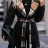 Plaid Pattern Contrast Trim Overcoat, Elegant Shawl Collar Long Sleeve Belted Outwear For Fall & Winter, Women's Clothing