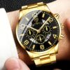 3pcs Set Luxury Business Golden Wristwatch, Stainless Steel Date Pointer Quartz Wrist Watch & Bracelet & Necklace