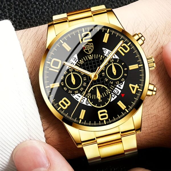 3pcs Set Luxury Business Golden Wristwatch, Stainless Steel Date Pointer Quartz Wrist Watch & Bracelet & Necklace