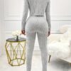 Solid Color Ribbed Two-piece Set, Long Sleeve Button Front Crop Cardigan & Skinny Strapless Jumpsuit Outfits, Women's Clothing