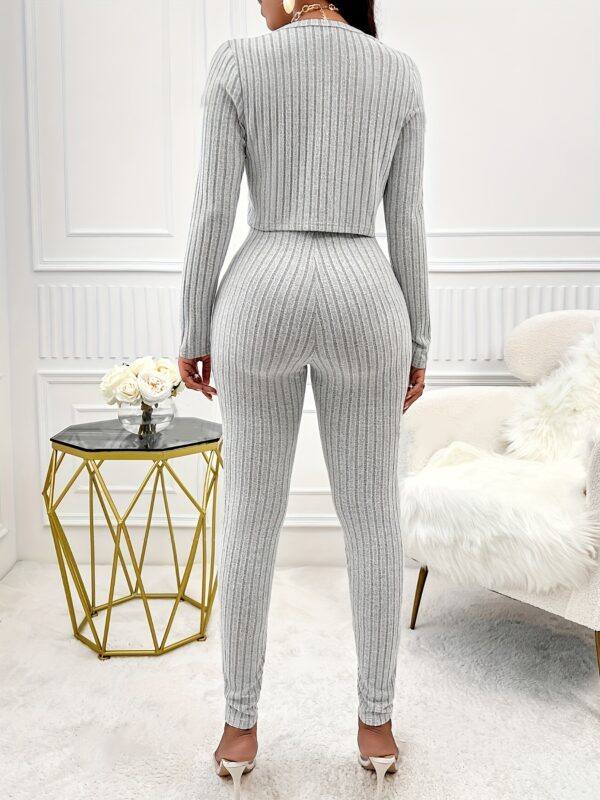 Solid Color Ribbed Two-piece Set, Long Sleeve Button Front Crop Cardigan & Skinny Strapless Jumpsuit Outfits, Women's Clothing