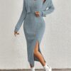 Elegant Solid Two-piece Dress Set, Long Sleeve Open Front Crop Coat & Split Thigh Sleeveless Cami Dress Outfits, Women's Clothing