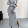 Ribbed Knit Long Sleeve Dress, Casual Crew Neck Split Hem Slim Dress, Women's Clothing