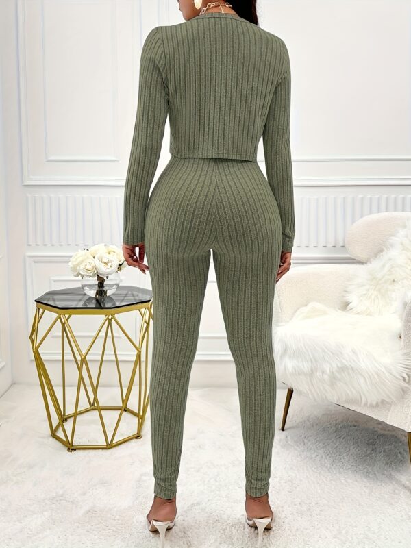 Solid Color Ribbed Two-piece Set, Long Sleeve Button Front Crop Cardigan & Skinny Strapless Jumpsuit Outfits, Women's Clothing