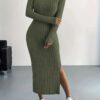 Ribbed Knit Long Sleeve Dress, Casual Crew Neck Split Hem Slim Dress, Women's Clothing