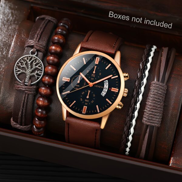 4pcs Watch And Bracelet Set, Men's Casual Quartz Wrist Watch Men's PU Strap Watch And 3pcs Bangle Set, Ideal choice for Gifts