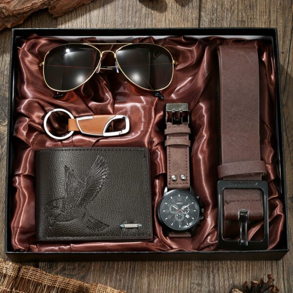 5pcs/set, Men's Fashion Casual Quartz Watch & Belt & Wallet & Glasses & Keychain