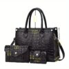 3pcs Set, Crocodile Pattern Deluxe Faux Leather Handbags, Elegant Large Capacity Fashion Tote With Shoulder Bag And Letter Pattern Clutch