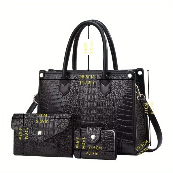 3pcs Set, Crocodile Pattern Deluxe Faux Leather Handbags, Elegant Large Capacity Fashion Tote With Shoulder Bag And Letter Pattern Clutch