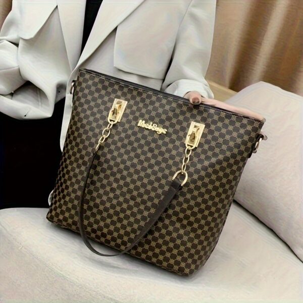 6 Pcs Allover Printed Boston Handbag & Purse Set, PU Leather Zipper Shoulder Bag, Multi-functional Leisure Commuter Bag