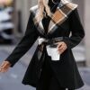 Plaid Pattern Contrast Trim Overcoat, Elegant Shawl Collar Long Sleeve Belted Outwear For Fall & Winter, Women's Clothing