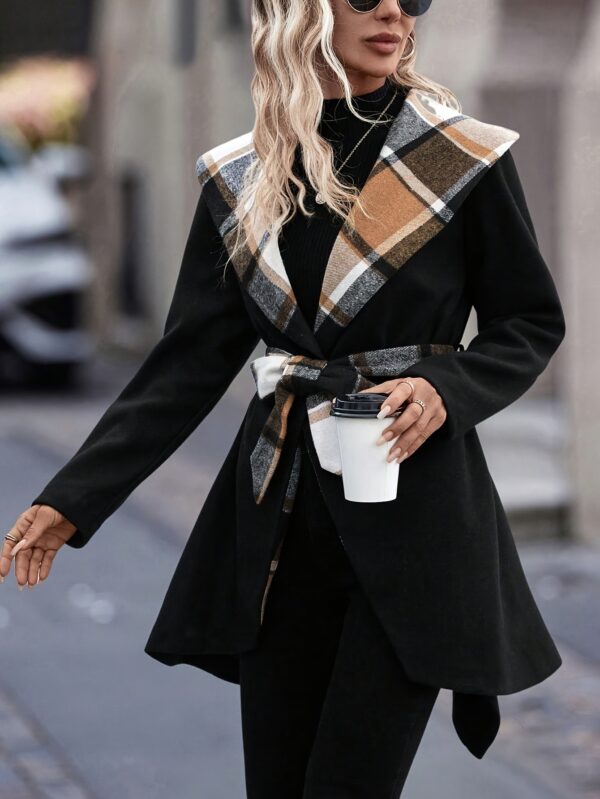 Plaid Pattern Contrast Trim Overcoat, Elegant Shawl Collar Long Sleeve Belted Outwear For Fall & Winter, Women's Clothing