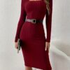 Ribbed Solid Color Bodycon Dress, Elegant Square Neck Long Sleeve Midi Dress For Spring & Fall, Women's Clothing
