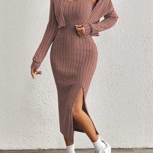 Elegant Solid Two-piece Dress Set, Long Sleeve Open Front Crop Coat & Split Thigh Sleeveless Cami Dress Outfits, Women's Clothing
