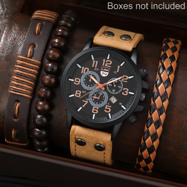 4pcs Watch And Bracelet Set, Men's Casual Quartz Wrist Watch Men's PU Strap Watch And 3pcs Bangle Set, Ideal choice for Gifts